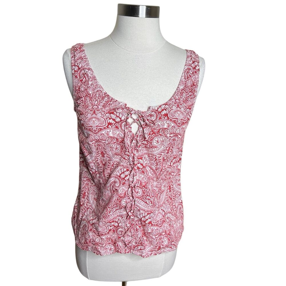3/$30 Nick & Sarah Corset Tank Top Red White Paisley Lace Up Milkmaid Large